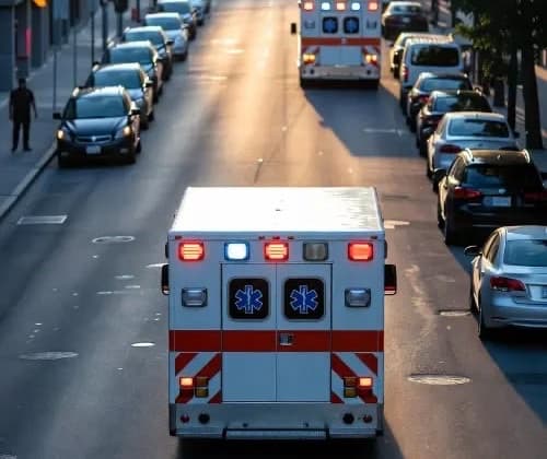 Two ambulances on a city street in evening light, seen from behind.